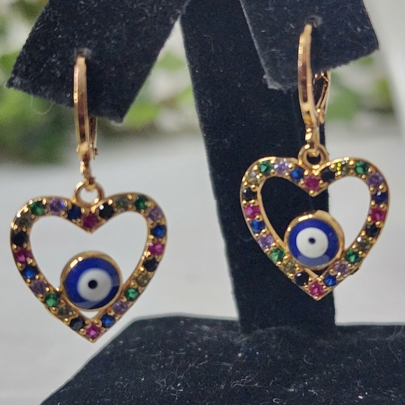 Gold Filled Multi Color Zirconia Heart Evil Eye Huggie Earrings - Picture 3 of 6